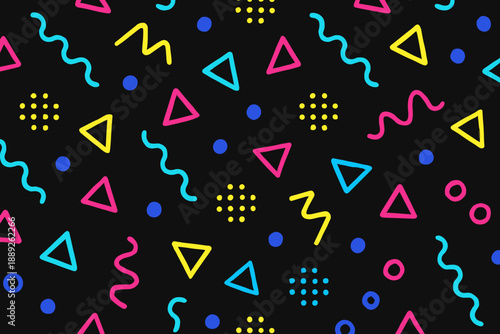 Colorful shapes and patterns create an abstract design on a black background in a modern art style during daytime