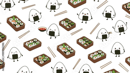 Fun Japanese food pattern features cute onigiri rice ball characters and bento boxes filled with sushi and wooden chopsticks.
