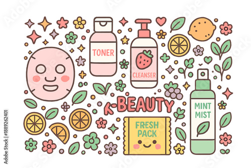 Collection of beauty products and natural elements including toner, cleanser, and fresh pack displayed in a fun and colorful pattern
