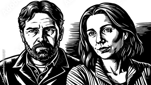 Very beautiful lifestyle portrait of a confident couple in their forties sitting side by side, reflecting emotional stability, trust, and deep connection, capturing mature love and shared life experie