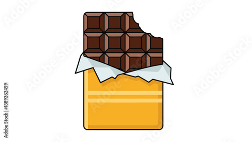 Delicious dark chocolate bar wrapped in gold foil with one corner bitten off is shown in a clean and simple vector illustration.