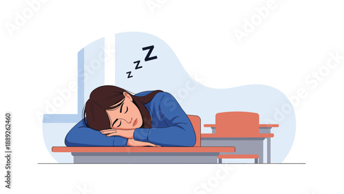 Exhausted female student sleeps peacefully with her head down on a classroom desk while Z symbols float above her to show rest.
