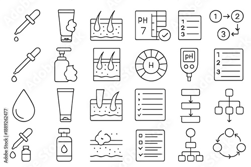 Various tools and symbols related to skin care and pH testing displayed on a flat surface