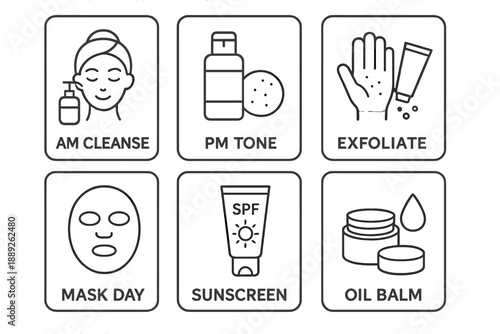 Steps for a daily skincare routine including cleansing, toning, exfoliating, and sun protection for healthy skin