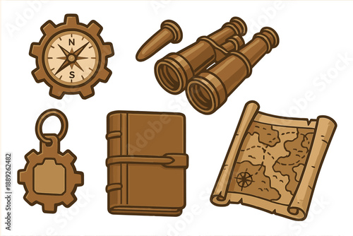 Exploring tools for adventure with compass, binoculars, map, notebook, and gear