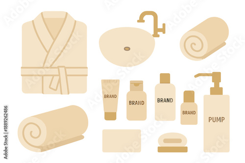 A collection of simple bathroom items like towels, soap, and a sink in a beige style for a bathroom setting
