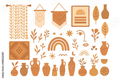Decorative elements in earthy tones showcasing wall hangings, pottery, and plants in a modern design style