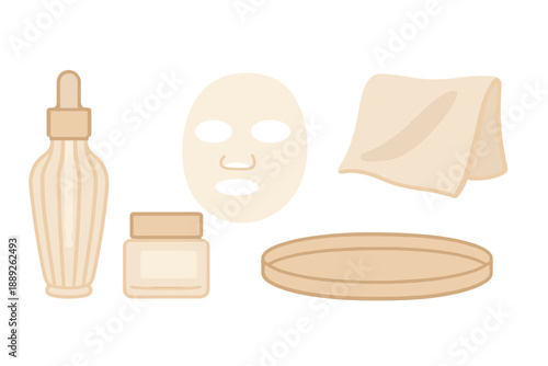 Skin care items arranged on a tray include a bottle, jar, mask, and cloth for daily beauty routine preparation