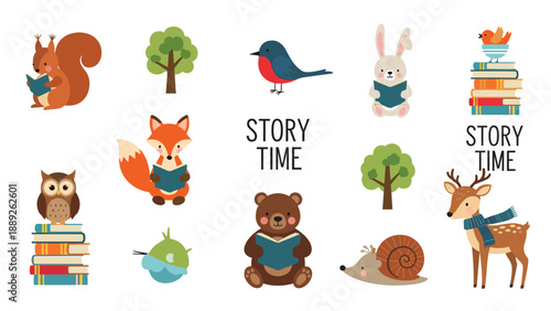 Enchanting collection of forest animals like a fox and bear are shown reading books alongside trees and books in a nursery style.