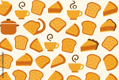 Patterns of bread, cheese, cups, and pie on a light background create a cute kitchen design for food lovers
