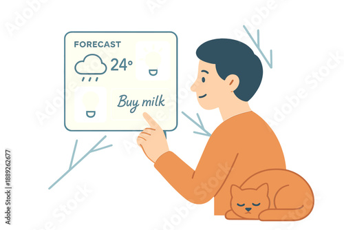 Man checks weather forecast while remembering to buy milk with cat resting nearby during a rainy day