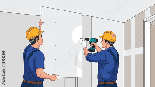 Team of two skilled construction workers wearing hard hats and blue uniforms work together to install a wall panel with a drill.