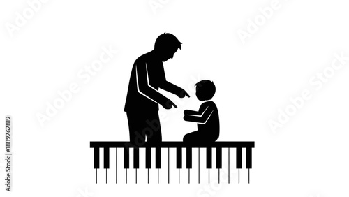 Father teaching son to play the piano together illustration.