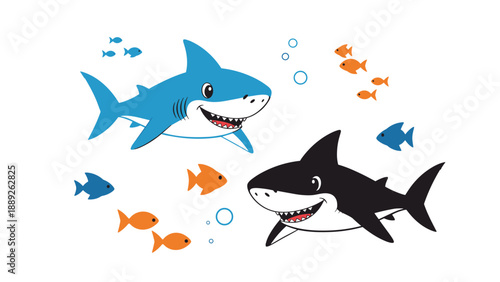 Two smiling cartoon sharks swim together through the ocean surrounded by bubbles and schools of small orange and blue fish.