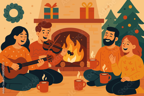 Friends enjoy music and warm drinks by the fireplace during a cozy winter gathering at home