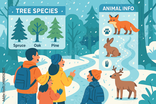Visitors learn about trees and animals on a winter hike in a snowy forest during daytime