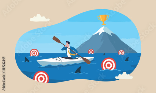 Risk taker, red or problem in crisis or entrepreneurship, determination or adversity concept, confidence businessman sailing kayak ship among danger risky sharks.