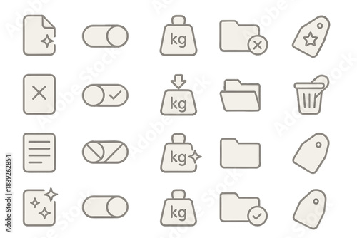 Different icons and symbols for use in user interfaces showing actions and options in a software environment