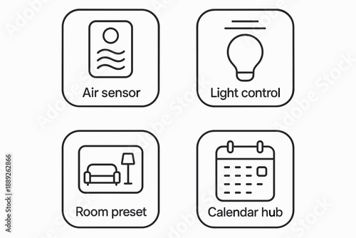 Icons showing features of a smart home system including air sensor, light control, room preset, and calendar hub