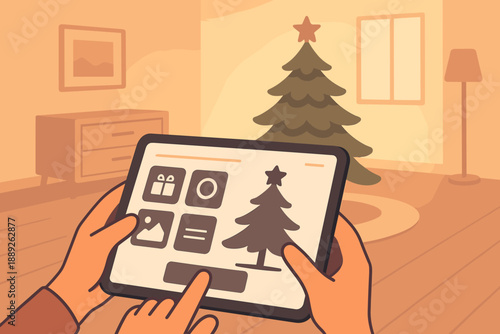 Person using tablet to select options for a Christmas tree setup in a cozy living room during the holiday season