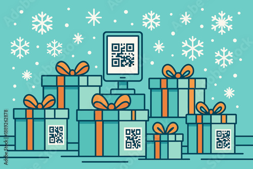 Gifts with QR codes arranged under a snowfall background at a holiday celebration