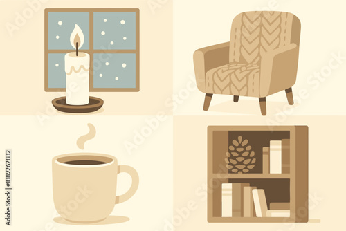 Cozy indoor scene with a candle, comfy chair, coffee mug, and bookshelf in winter