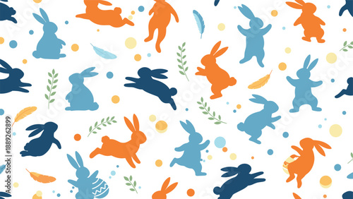 Colorful bunny silhouettes create a playful seamless pattern perfect for easter decorations and festive spring holiday celebrations.