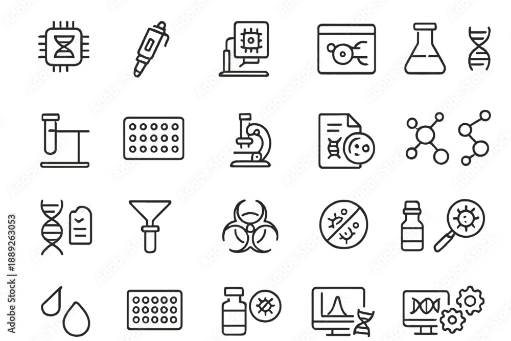Naklejka premium Icons representing science and research tools for labs and experiments in a simple layout, showcasing various elements used in biological studies