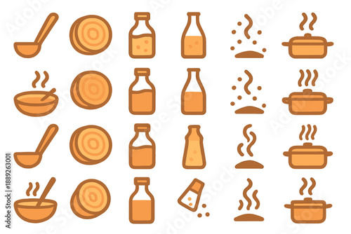 Cooking process with ingredients and tools showing food preparation in a kitchen setting