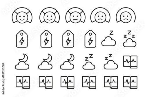 Set of simple icons showing emotions, sleep, and time with a mix of designs and symbols for various states and actions