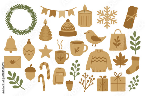 Seasonal decorations and items for winter and holiday celebrations during the festive time of year
