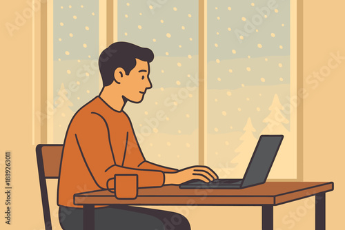 Man works on laptop at table during snowfall in a cozy indoor setting with warm beverage close by