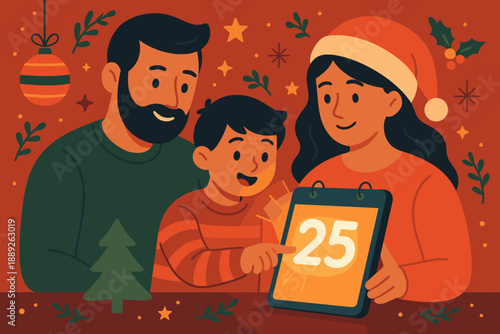 Family celebrates Christmas countdown on December 25 with a calendar and decorations around them