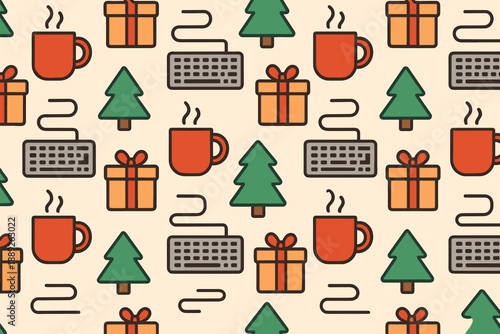 Festive pattern with mugs, trees, gifts, and keyboards for holiday-themed designs in various creative uses