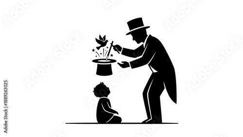 Magician performing magic trick with top hat and child.