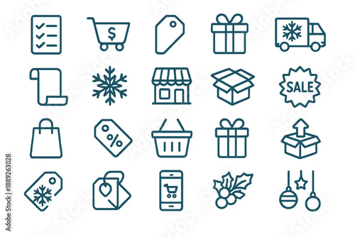 Shopping icons represent different aspects of retail, gifts, and sales during busy holiday seasons and everyday shopping experiences