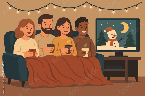 Friends sit together on a couch with warm drinks while watching a winter show on television in the cozy evening