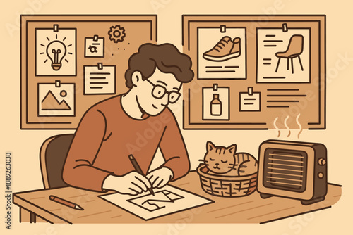 Person draws in a cozy room with a cat resting nearby and a heater providing warmth during the afternoon