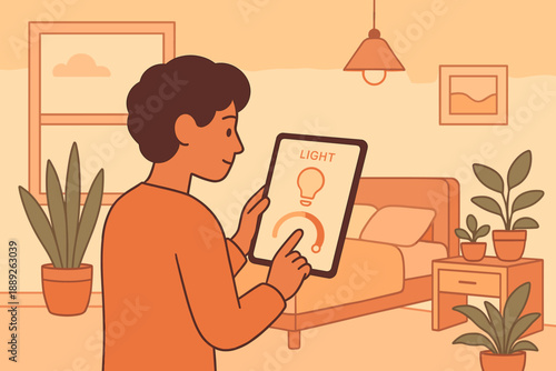 Man uses tablet to control light settings in cozy bedroom with plants in warm tones during afternoon