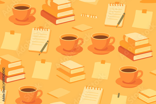 Books, coffee cups, and notes on an orange background create a cozy study scene for learning and writing