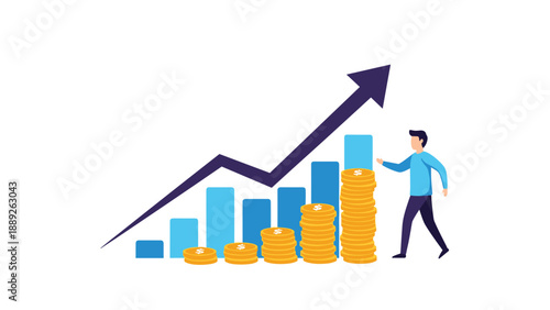 Successful businessman walking next to a rising bar graph with stacks of golden coins illustrating financial growth and wealth accumulation.