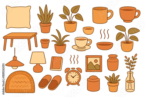 Decor items in warm colors displayed on a white background featuring plants, cups, and various home accessories