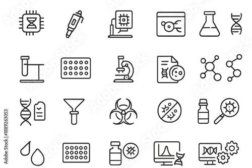 Icons representing science and research tools for labs and experiments in a simple layout, showcasing various elements used in biological studies