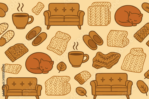 Cozy scene with cats, warm drinks, and soft blankets in a home setting during autumn