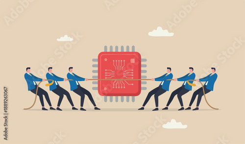 Semiconductor and computer chip shortage Coronavirus COVID-19 pandemic, manufacturing team meeting problem concept, businessman fighting to get computer chip