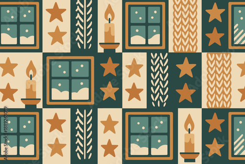 Decorative pattern showing windows, candles, stars, and leaves in a winter theme