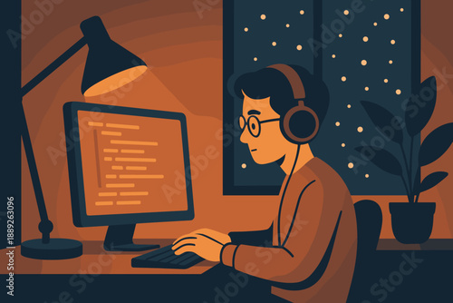 Person works on computer at night while wearing headphones and facing a window with stars