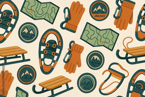 Outdoor winter activities with snowshoes, sleds, and maps showing mountains and trails for a fun day in nature