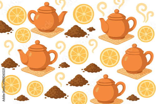 Teapots, lemons, and tea leaves scattered across a simple white background creating a fun pattern for kitchen or cafe decor