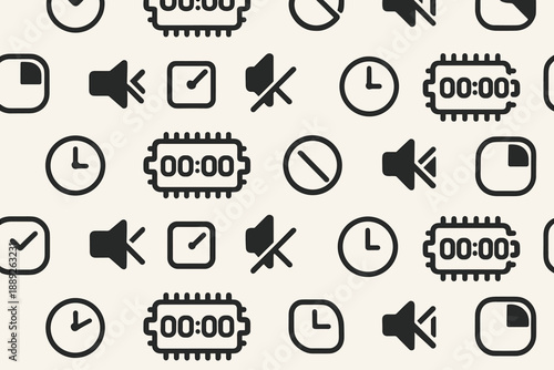 Symbols of time and sound with various icons in black and white on a light background during a design session